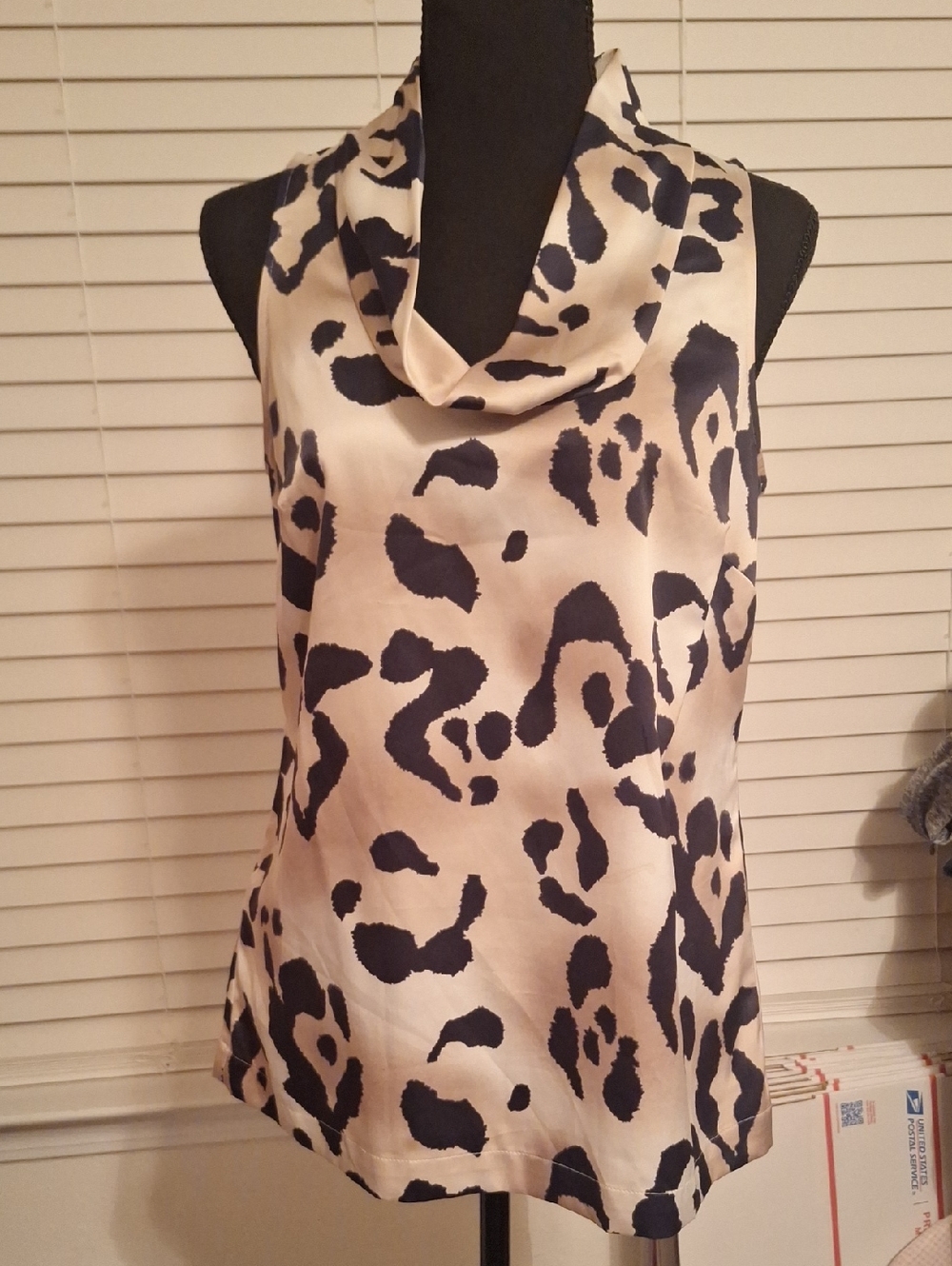 Ann Taylor Cream Satin Cowl Neck Camisole with Black Leopard Print